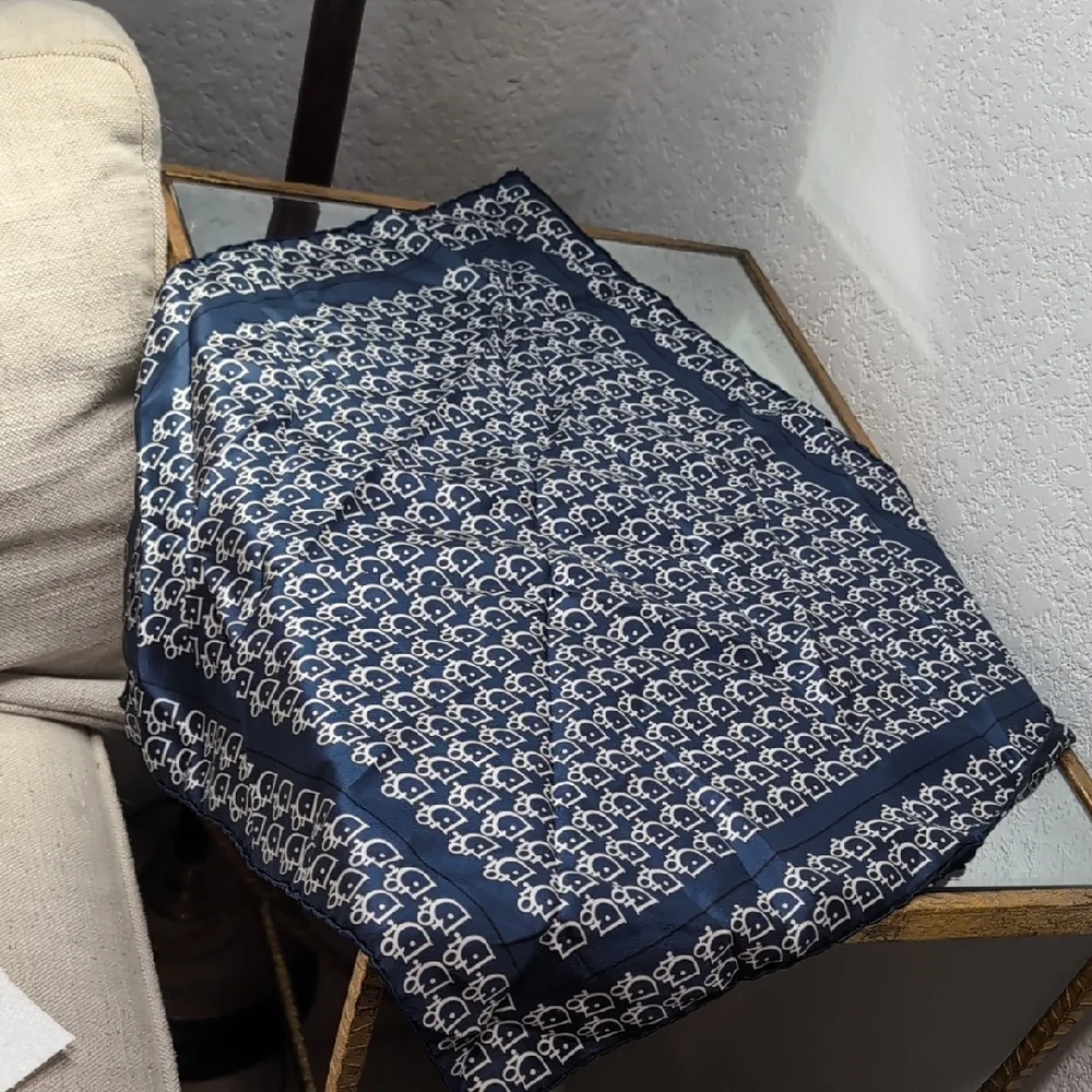 Vintage Christian Dior Pure Silk Navy and White Monogram Print Scarf